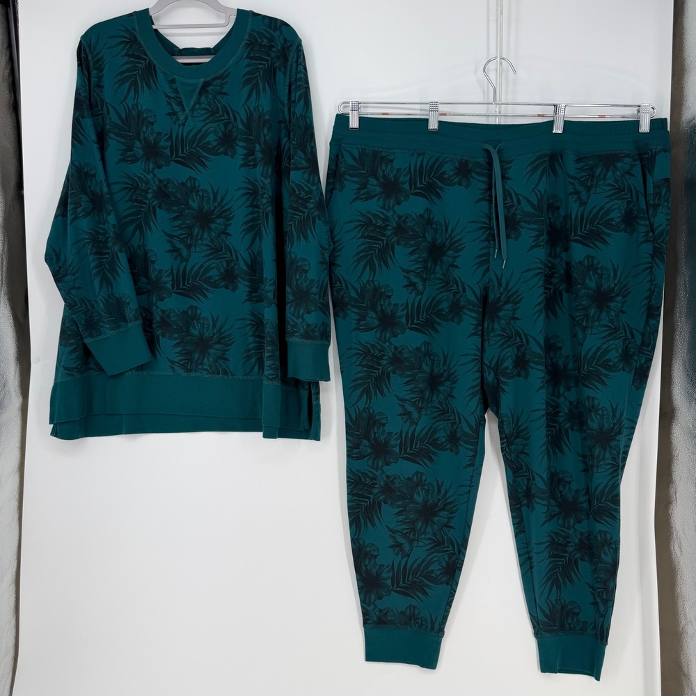 Jockey Lounge Set Womens 3X Green Tropical Floral Sweatshirt Joggers Lounge FLAW